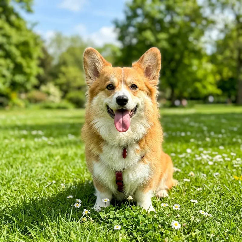 Original photo of a happy corgi sitting on grass