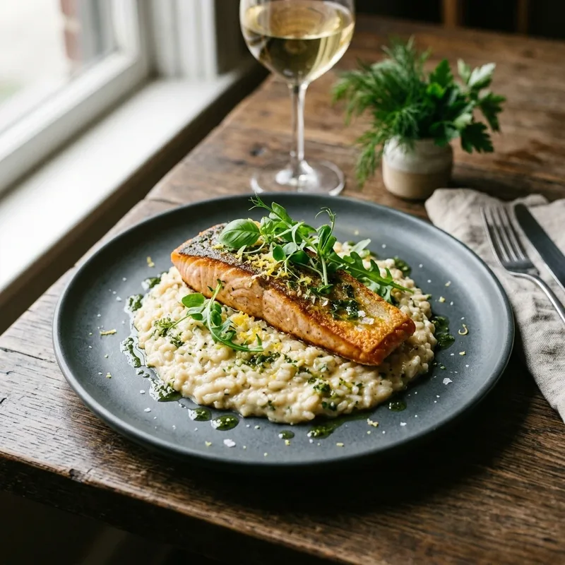 Photo of seared salmon on risotto used as image to prompt input