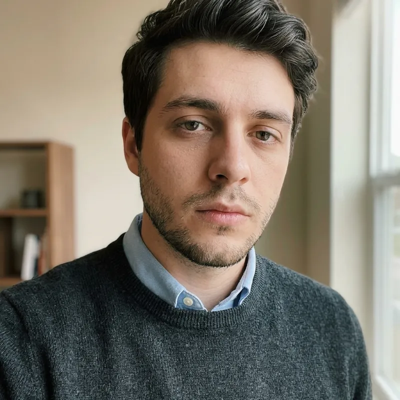 The same man after the glow-up: clear skin, neatly groomed hair, tidy outfit and flattering light, still clearly recognizable
