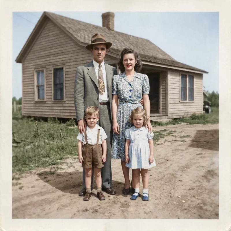The same family photo colorized with natural, realistic tones