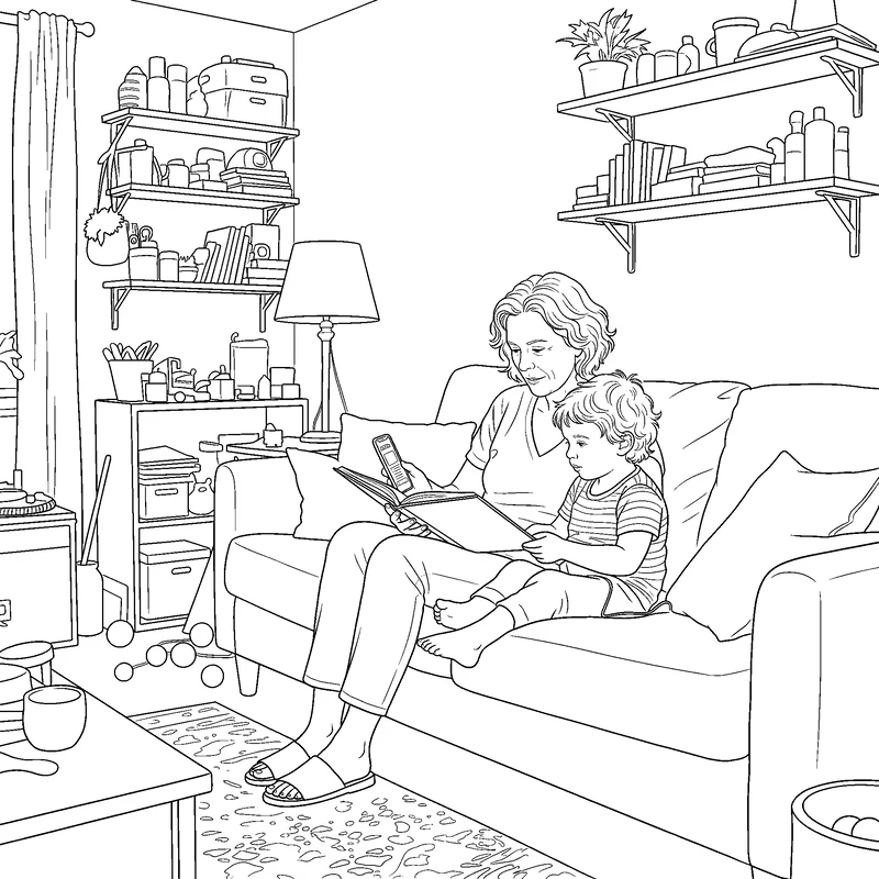 The same grandmother and toddler as a coloring page, with the sofa, lamp and shelves drawn in outline