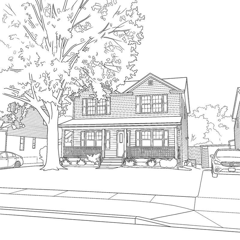 The same house as a coloring page with the porch, tree and car drawn in clean outlines