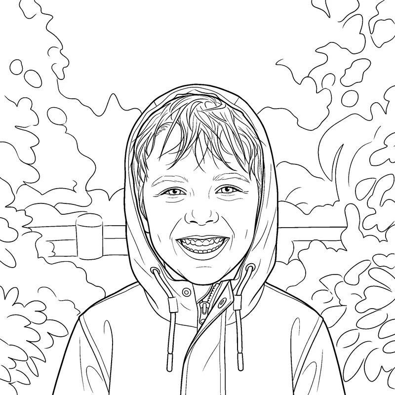 The same child as a coloring page with the hood, zipper and leaves outlined