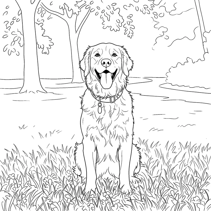The same golden retriever as a black-and-white coloring page with park trees outlined behind it