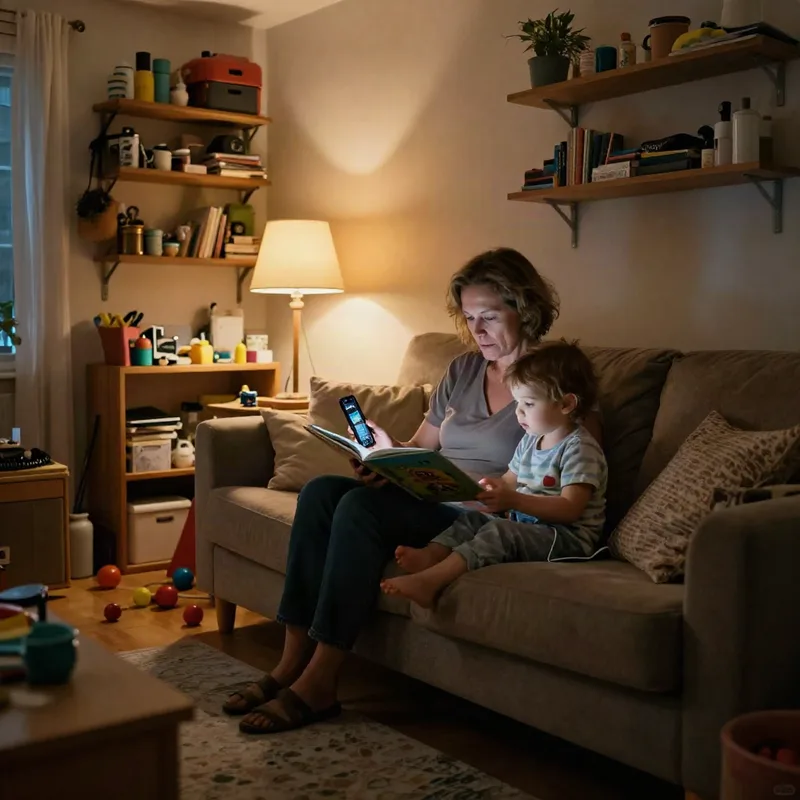 Original photo of a grandmother reading a book to a toddler on a sofa in a dim living room