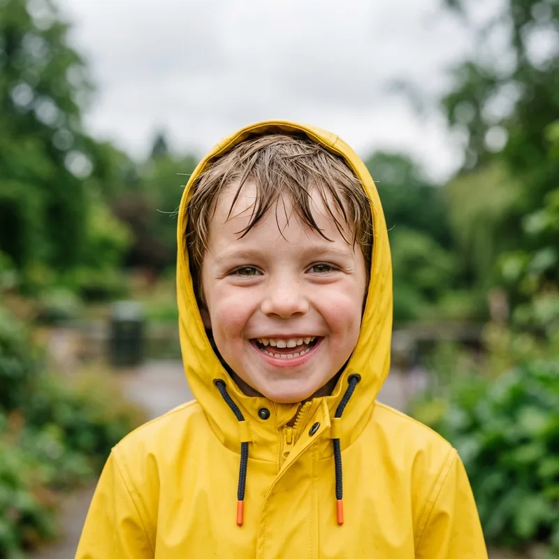 Original photo of a smiling child in a yellow hooded raincoat